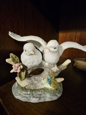 White Ceramic Birds On Branch  Figurine Floral Accents Vintage
